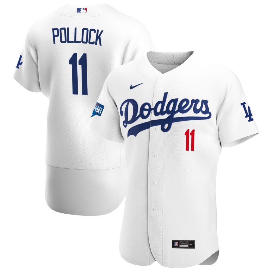 Los Angeles Dodgers #11 AJ Pollock Men Nike White Home 2020 World Series Champions Authentic Player MLB Jersey